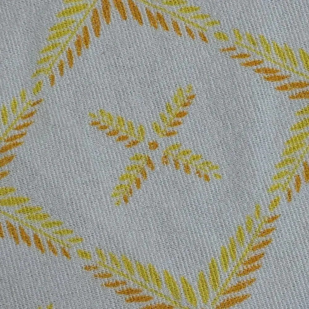 Vintage Round MCM Terry Cloth Tablecloth White Yellow Orange Leaves 72